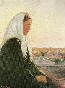 Anna Ancher ung kvinde pa kirkegarden i skagarden oil on canvas